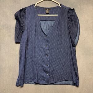 H&M Navy Dotted Sheer Button Front Blouse Size 10 Blue Work Business Office